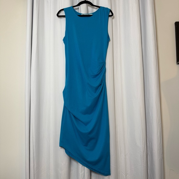 Michael Stars Ruched Midi Tee Dress NWT Sleeveless Asymmetrical Hem Blue Large - Picture 2 of 14